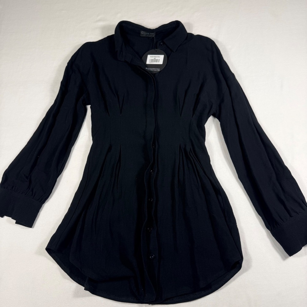 White Fox Feels Like A Holiday Shirt Dress Small Black Pleated Waist Long Sleeve - Picture 2 of 14